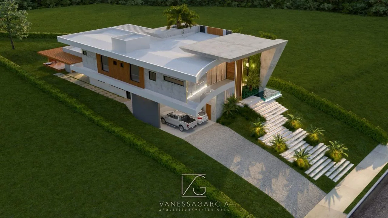 3D rendering: aerial view of a contemporary residence and its garden