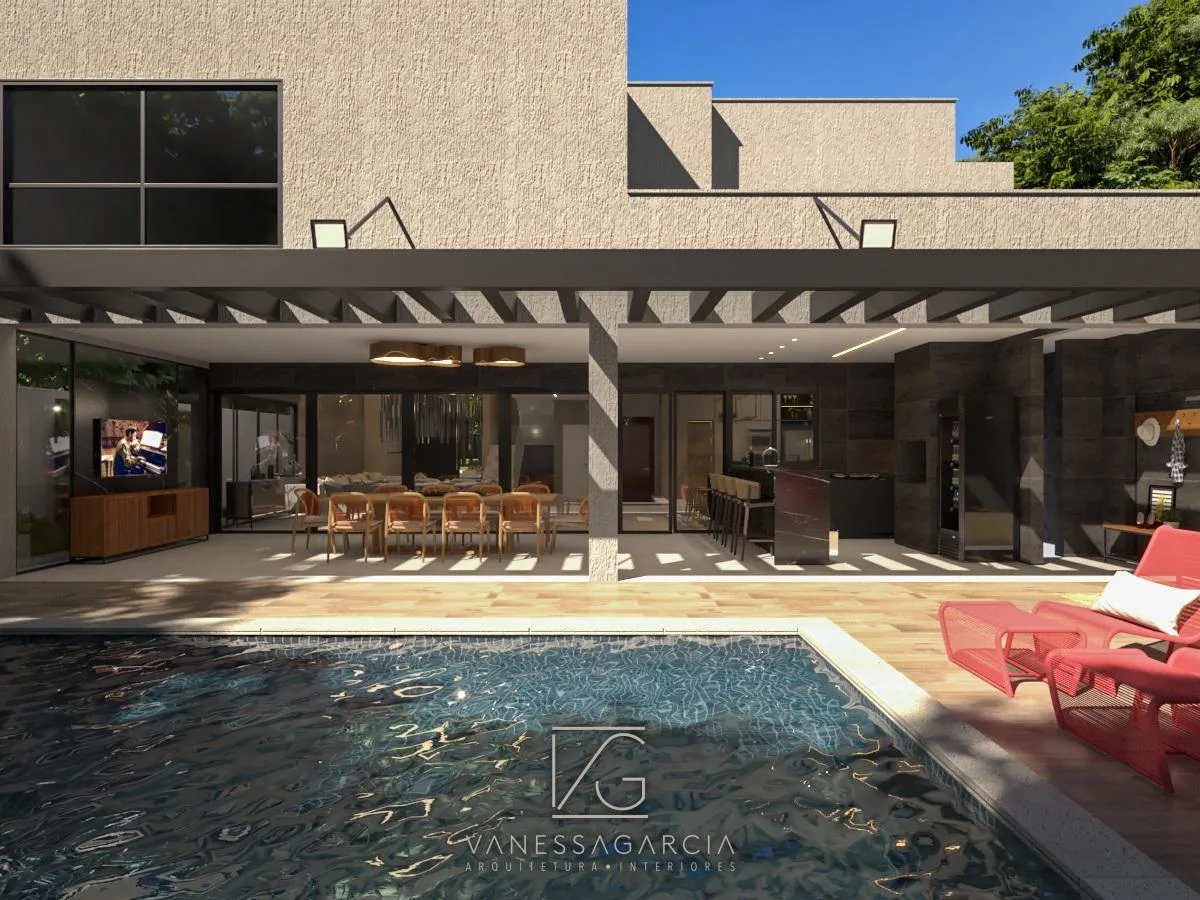 3D rendering: a planted courtyard concept with layered stone, timber and a pool
