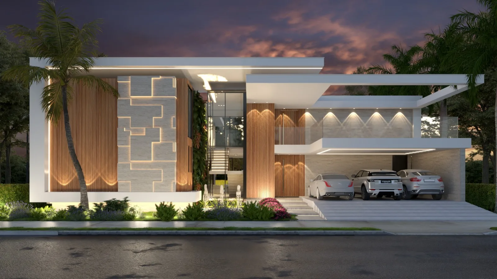 3D rendering: contemporary home with integrated warm lighting, wood cladding, and tropical landscaping