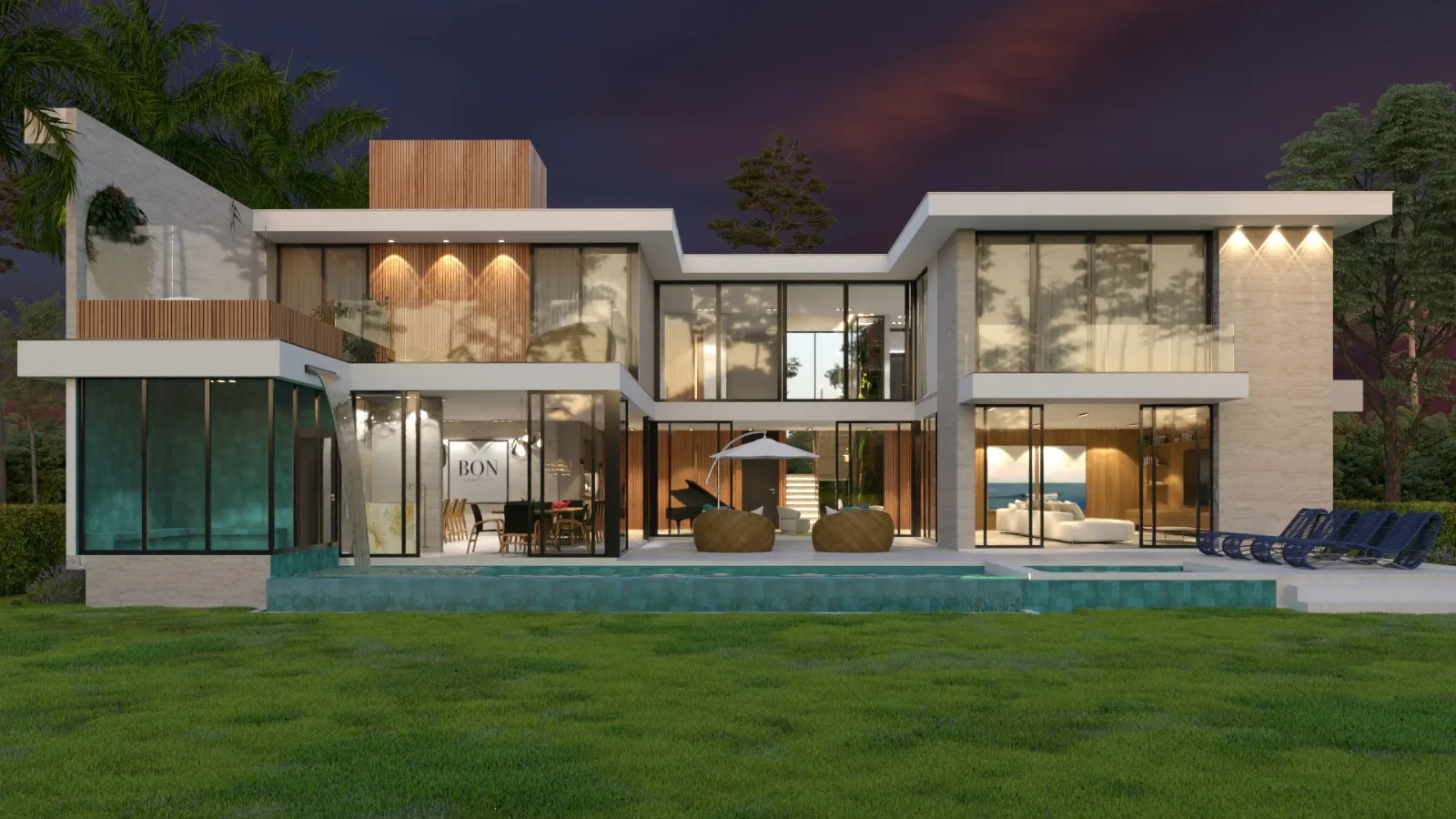 3D rendering: modern residence opening to a landscaped garden and pool