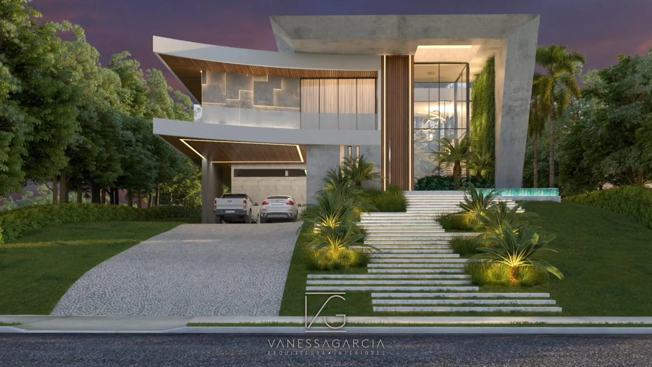 3D rendering: sculptural facade with warm lighting at dusk