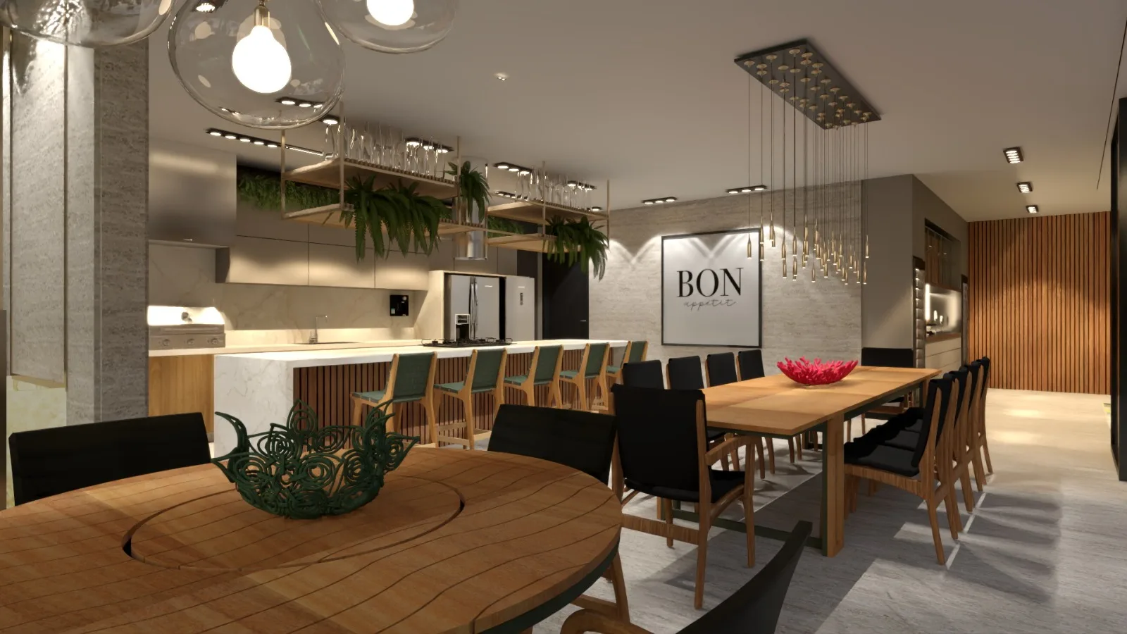 3D rendering: dining and kitchen concept with warm wood, marble, suspended lighting, and planted shelving