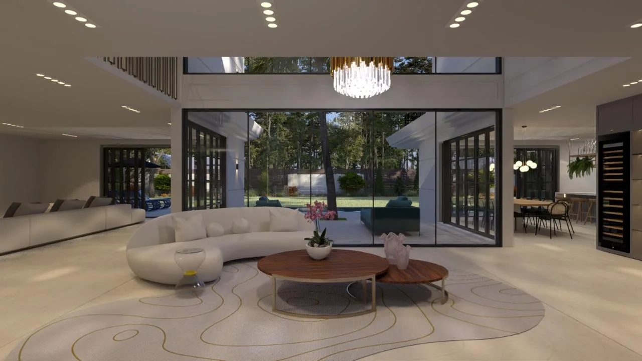 3D rendering: bright contemporary living room with curved seating and garden views
